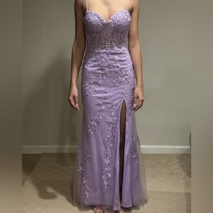 Lavender Lace Prom Dress with Slit